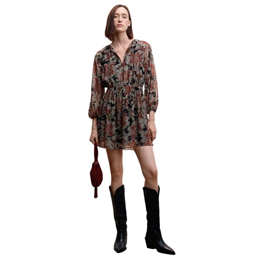 Mango Floral Chiffon Dress black red‎ print US size 12